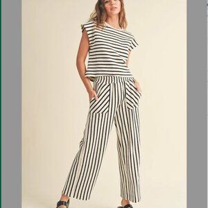 MIOU MUSE White Textured Terry Cloth Striped Matching Set Pants Large BNWT